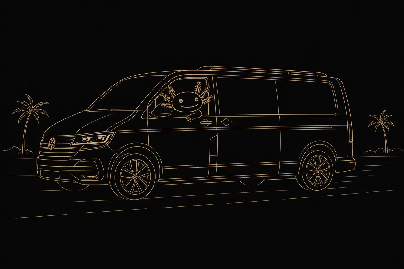Axolotl mascot riding in a Top Notch Cancún private transporter van